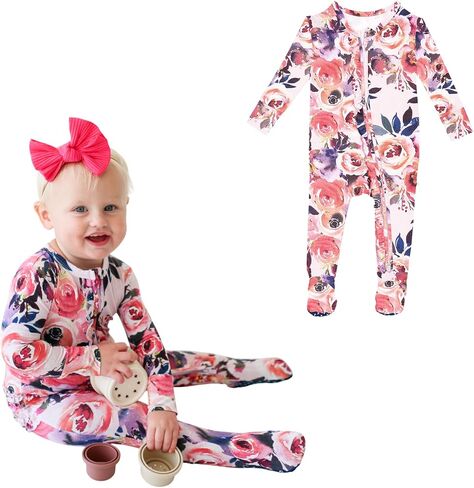 Posh Peanut Footie Pajamas for Baby Girls, Soft Viscose Derived from Bamboo | Footed Grips, True To Size Snug Fit, And Easy Care Wash, Ruffle Bodice With 2-Way Zipper for Easy Access, in Kuwait