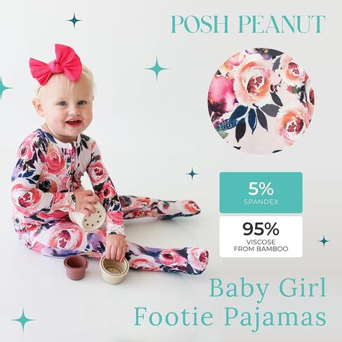 Posh Peanut Footie Pajamas for Baby Girls, Soft Viscose Derived from Bamboo | Footed Grips, True To Size Snug Fit, And Easy Care Wash, Ruffle Bodice With 2-Way Zipper for Easy Access, in Kuwait