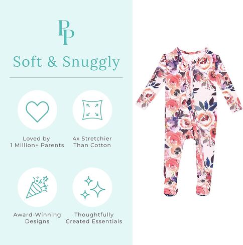Posh Peanut Footie Pajamas for Baby Girls, Soft Viscose Derived from Bamboo | Footed Grips, True To Size Snug Fit, And Easy Care Wash, Ruffle Bodice With 2-Way Zipper for Easy Access, in Kuwait