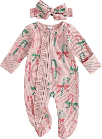 Newborn Baby Girl Christmas Outfit My First Xmas Jumpsuit Romper | 0-18 Months My First Christmas Baby Girl Outfit Newborn Footed Romper with Bow Candy Cane Print Infant Jumpsuit with Headband in Kuwait