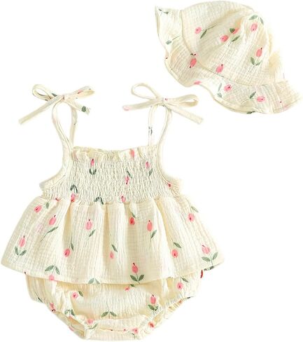Mubineo Baby Girl Summer Clothes Cute Romper Dress Cotton Linen Skirt Sleeveless Smocked Rompers Sun Hat Boho Outfits in Kuwait