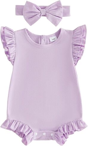 Newborn Baby Girl Bubble Romper Sleeveless Ruffle Onesie Solid Bodysuit Headband Infant Summer Clothes in Kuwait