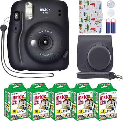 Fujifilm Instax Mini 11 Instant Camera Charcoal Gray + MiniMate Accessory Bundle & Compatible Custom Case + Fuji Instax Film Value Pack (50 Sheets) Flamingo Designer Photo Album in Kuwait