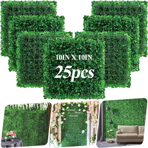 25Pcs Artificial Grass Wall Panels 10" X 10" Greenery Backdrop UV-Protected Faux Boxwood Panels 17.36 ft² Fake Green Wall Privacy Screen for Outdoor Indoor Decor Party Wedding Garden Fence Decorations in Kuwait