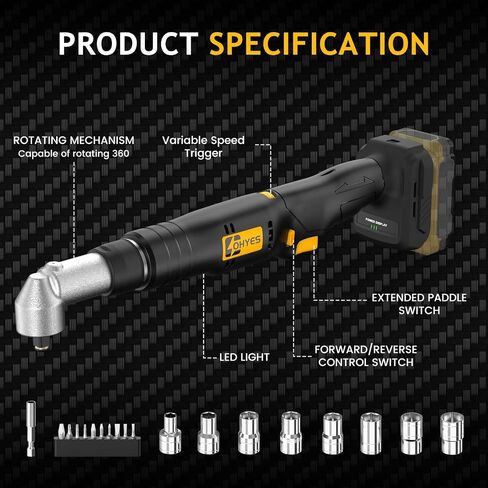 Cordless Right Angle 1/2'' Impact Wrench + 1/4''Driver fit for DeWALT 20v Max Battery 6 Variable Speeds 360 Degree Adjustable Head For Auto Service Plumbing & DIY Projects(Battery not included) in Kuwait