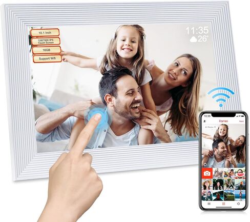 إطار صور رقمي واي فاي ذكي مقاس 10.1 بوصة من Frameo White، إطار صورة رقمي Wi-Fi مع مساحة تخزين 32 جيجابايت وفتحة SD، إطار صورة إلكتروني IPS شاشة تعمل باللمس مع تدوير تلقائي، هدايا للأم، تدفئة المنزل in Kuwait