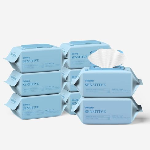 BEBESUP- Korea’s #1 Signature Baby Wipes - Hypoallergenic Water-based Unscented Alcohol-Free Ultra-Thick Super Seed Extracts Organic Plant-Based for sensitive skin Flip-Top 560 Count (8 Packs) in Kuwait