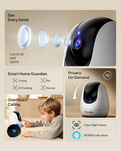 Tenda CP3 Pro 2K Indoor Security Camera with WiFi 6 & AI Baby/Pet Detection – Baby Monitor, Pet Camera for Home, One-Touch Calling, Night Vision, Military-Grade Encryption, No Subscription Needed in Kuwait