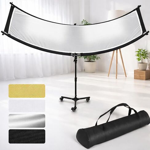 Clamshell Light Reflector Diffuser 70"x24"/180x60cm with Stand | U-Shape Reflector Curved Reflector, White/Gold/Silver/Black, Adjustable Angle Height and Storage Bag for Photography Studios in Kuwait