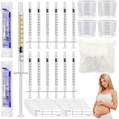 50PCS Colostrum Collector Kit Include 1ml Breastmilk Collector Syringes with Caps 4Pcs Measuring Cups 60 Stickers and Collection Bag Breast Colostrum Collection Gift Set for Breastfeeding in Kuwait