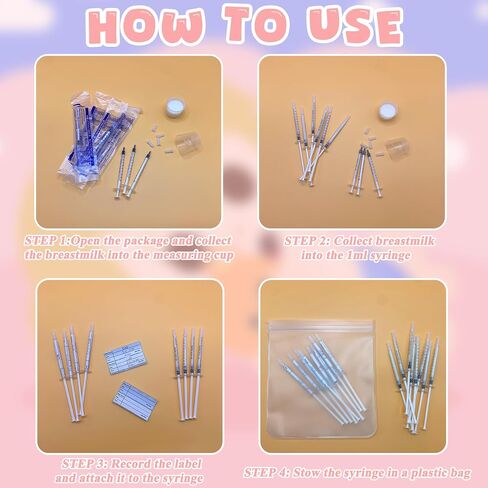 50PCS Colostrum Collector Kit Include 1ml Breastmilk Collector Syringes with Caps 4Pcs Measuring Cups 60 Stickers and Collection Bag Breast Colostrum Collection Gift Set for Breastfeeding in Kuwait