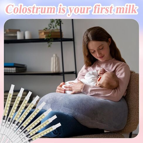 50PCS Colostrum Collector Kit Include 1ml Breastmilk Collector Syringes with Caps 4Pcs Measuring Cups 60 Stickers and Collection Bag Breast Colostrum Collection Gift Set for Breastfeeding in Kuwait