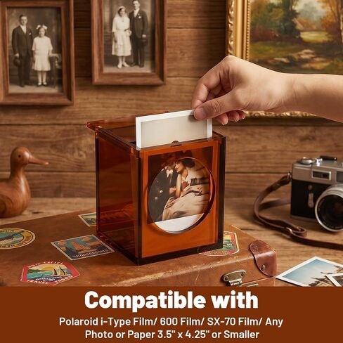 2 Pack Acrylic Photo Boxes Storage with Lids, Clear Amber Picture Boxes for Photo Storage i-Type 600 SX-70 Films, 3.9x3.8x4.65 Inch Vintage Frame Box in Kuwait