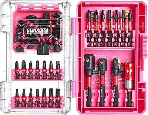 Geinxurn 56Pieces Impact Screwdriver Bits Set, Magnetic S2 Steel Phillips/Slotted/Square/Torx Insert Power Bits Tips, Impact Bit Holder with Pink Storage Box Case in Kuwait