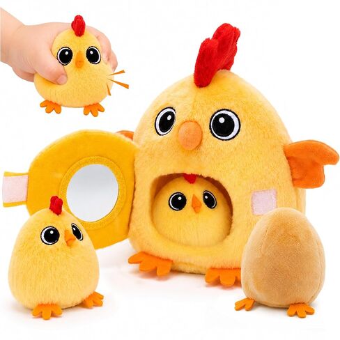 Tiny Wonders Baby Plush Soft Rattle Toy 3-6-12M, Newborn Farm Stuffed Chick | Infant Sensory Barn Animal Hen Egg House Toy Set, 1st Birthday Gift Shower Basket Stuffer 12-18 Month 0 1 Yr Toddler Boy Girl in Kuwait