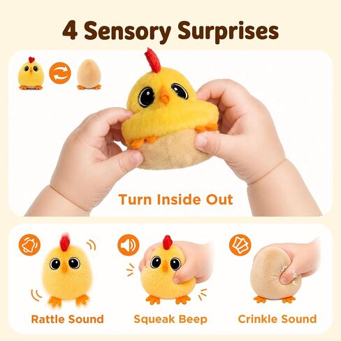 Tiny Wonders Baby Plush Soft Rattle Toy 3-6-12M, Newborn Farm Stuffed Chick | Infant Sensory Barn Animal Hen Egg House Toy Set, 1st Birthday Gift Shower Basket Stuffer 12-18 Month 0 1 Yr Toddler Boy Girl in Kuwait