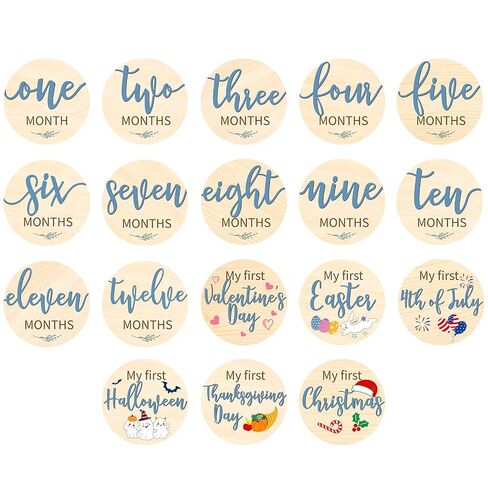 Capoda 18 Pcs Baby Monthly Milestone Cards My First Holiday Milestone Signs 1-12 Month Wooden Circles Announcement Discs for Boy Girl Photography Photo Props Baby Shower Gift Newborn Keepsake(Wood) in Kuwait