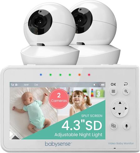 Babysense Baby Monitor with 2 Cameras and Audio 4.3", Non Wifi Baby Monitor, Dual Split Screen, Portable Double Sleep Video Monitoring, Auto Night Vision & Light, Lullabies & White Noise Two-Way Audio in Kuwait