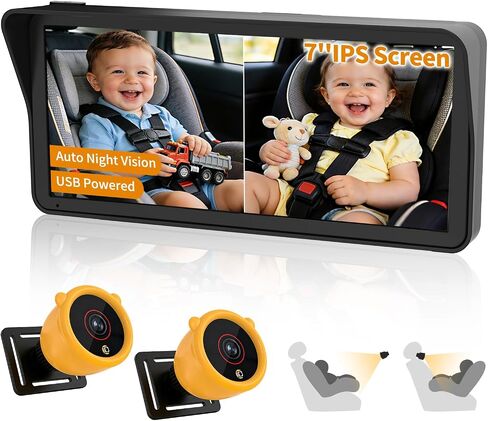 Dual Car Camera Baby Monitor with 6.9" Split Screen | 1080P Carseat Camera for 2 kids with 360° Rotation-Night Vision, 2 Power Ways, Easy Install-for Twins & Siblings in Kuwait