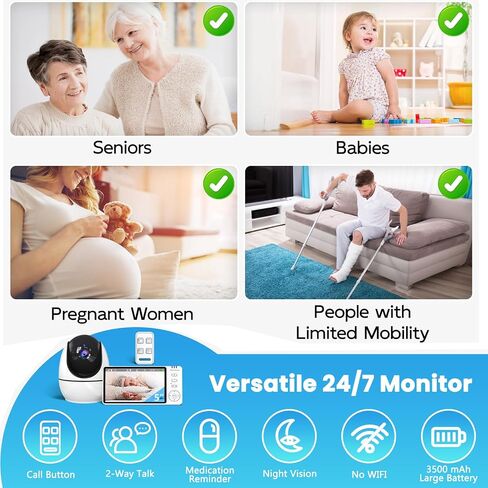 Elderly Monitor with Camera and Audio & Call Button, 2-Way Talk Room Monitors for Elderly, Med Reminder Temp Alert Baby Monitors for Elderly Care & Caregivers, PTZ Camera for Senior Monitoring/No WiFi in Kuwait