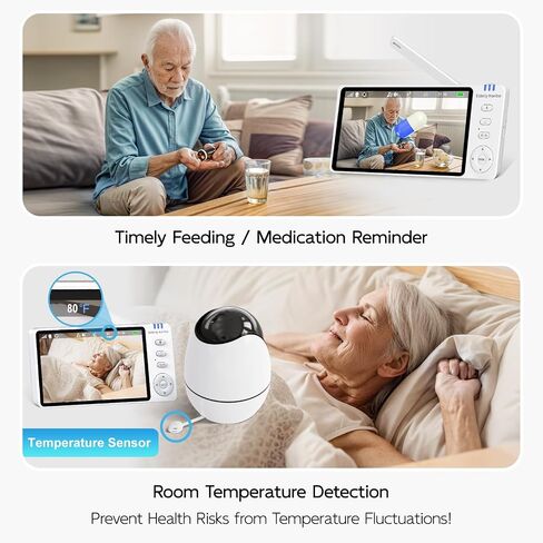 Elderly Monitor with Camera and Audio & Call Button, 2-Way Talk Room Monitors for Elderly, Med Reminder Temp Alert Baby Monitors for Elderly Care & Caregivers, PTZ Camera for Senior Monitoring/No WiFi in Kuwait