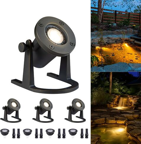 Gardenreet Brass Pond Light 12V - Low Voltage Underwater LED Fountain Lights, IP68 Waterproof Submersible Waterfall Lamp Wired, Outdoor Bronze for Swimming Pool Ponds MR16 Bulb Not Included(4 Pack) in Kuwait