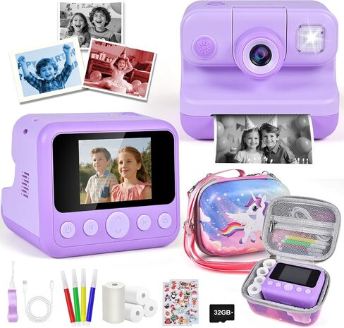 Kids Instant Print Camera with Carrying Bag, 1080P HD Girl Camera with 4 Print Paper Rolls, Color Pens & 32GB Card, Christmas Birthday Gifts Kids Girl Toys for 3-12 Years Old (Pink) in Kuwait