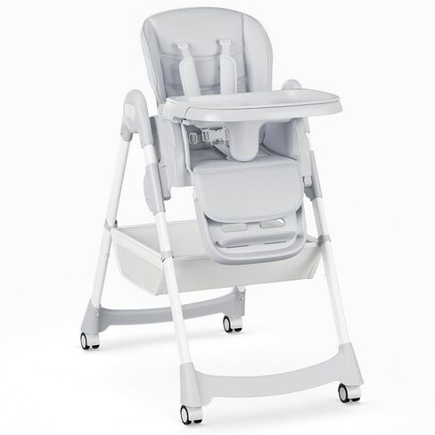 Baby High Chair, Foldable Convertible High Chair for Babies & Toddlers, Adjustable Height & Recline with Removable Double Tray, PU Cushion, Storage Basket, Easy to Clean, Gray in Kuwait