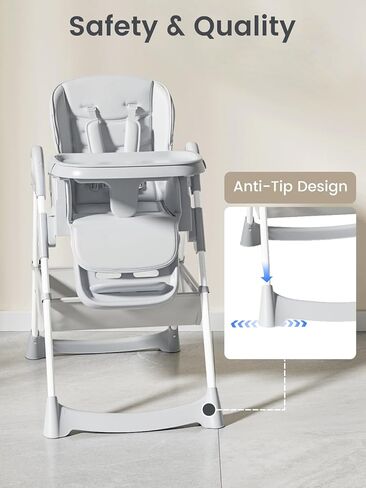 Baby High Chair, Foldable Convertible High Chair for Babies & Toddlers, Adjustable Height & Recline with Removable Double Tray, PU Cushion, Storage Basket, Easy to Clean, Gray in Kuwait