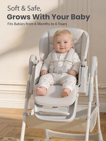 Baby High Chair, Foldable Convertible High Chair for Babies & Toddlers, Adjustable Height & Recline with Removable Double Tray, PU Cushion, Storage Basket, Easy to Clean, Gray in Kuwait