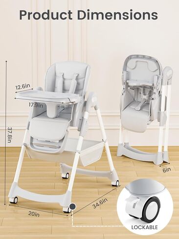 Baby High Chair, Foldable Convertible High Chair for Babies & Toddlers, Adjustable Height & Recline with Removable Double Tray, PU Cushion, Storage Basket, Easy to Clean, Gray in Kuwait