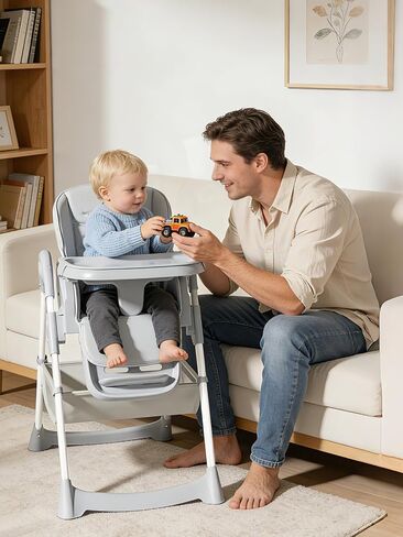 Baby High Chair, Foldable Convertible High Chair for Babies & Toddlers, Adjustable Height & Recline with Removable Double Tray, PU Cushion, Storage Basket, Easy to Clean, Gray in Kuwait