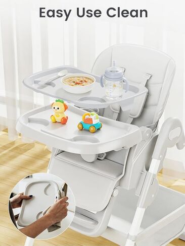 Baby High Chair, Foldable Convertible High Chair for Babies & Toddlers, Adjustable Height & Recline with Removable Double Tray, PU Cushion, Storage Basket, Easy to Clean, Gray in Kuwait