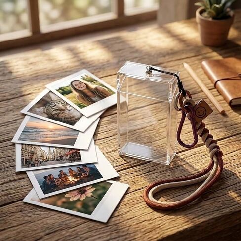 Portable Instant Photo Storage Case with Lanyard, Clear Acrylic Box for 3-Inch Mini Pictures & Cards, Holds up to 25 Items in Kuwait