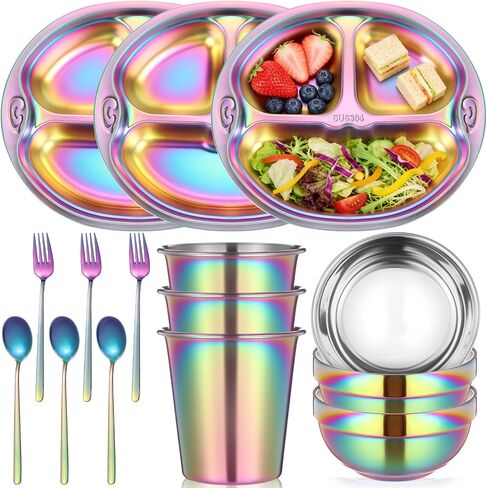 Tioncy 15 Pcs Stainless Steel Kids Dinner Set, Bowls, Balanced Bites Divided Plates, Cups, Spoons and Forks, Stainless Steel Lunch Plates Dinnerware Set for Kids Toddlers (Classic) in Kuwait