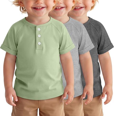 3 Pack Toddler Short Sleeve Shirts | Henley Collar, Solid Tops for Boys Girls, Rolled Cuff Tees, Button T Shirts, Size 18M-5T in Saudi Arabia