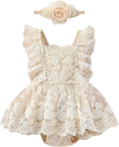 Infant First Birthday Outfit Baby Girls Boho Lace Ruffle Romper Tutu Dress with Headband for Newborn Cake Smash in Kuwait