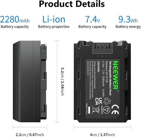NEEWER Replacement Battery for Sony NP-FZ100, Compatible with Sony ZV-E10II A9III A7CII ZV-E1 A7III A7IV FX3 FX30 A6700 A1 A7C A7CR A7RIV A7RV A7SIII A9II Cameras, Rechargeable Li-ion Battery 2280mAh in Kuwait