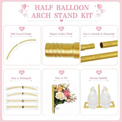 RELBRO Half Arch Balloon Backdrop Stand with Base, 7.2 x 5.9 Feet, Gold | 5 Clear Spring Clamps, 4 Water Storage Bags, Ground Arch Stand Set for Wedding Birthday Baby Shower Party Anniversary in Kuwait