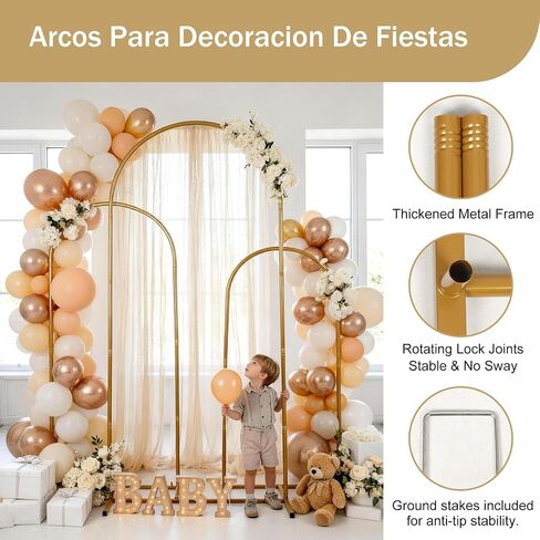 Gold Metal Arch Backdrop Stand Set of 3, 6FT 5FT 4FT Balloon Arch Stand | Balloon Arch, Tool-Free Assembly, Indoor Outdoor Use For Weddings, Birthdays, Baby And Bridal Parties, Balloons And Flower in Kuwait