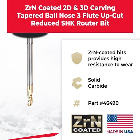 Amana Tool Extra Long CNC 2D and 3D Carving Ball Nose 0.10 Deg Straight Router Bit, ZrN Coated, 46490, 1/4 Dia x 1/8 Rad x 1/2 x 1/4 Shk x 3 Fl in Kuwait