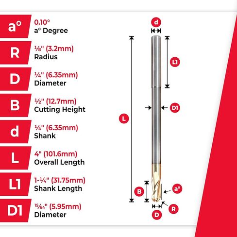 Amana Tool Extra Long CNC 2D and 3D Carving Ball Nose 0.10 Deg Straight Router Bit, ZrN Coated, 46490, 1/4 Dia x 1/8 Rad x 1/2 x 1/4 Shk x 3 Fl in Kuwait