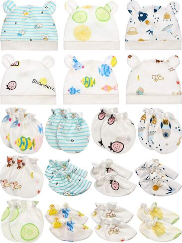 Geyoga 18 Pcs Baby Hats Mittens and Socks Set Newborn Mittens No Scratch Baby Hats and Newborn Socks for 0-6 Months in Kuwait
