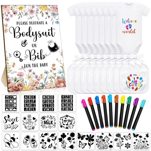 Chuarry 43 Pcs DIY Baby Bibs Decorating Kit 8 Bodysuits 8 Pcs 2 Ply White Bibs 10 Fabric Markers 16 Stencils Baby Shower Sign (Woodland Animals) in Kuwait