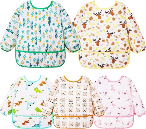 Lictin Long Sleeve Bibs 5 Pack - Baby Bibs for Girl or Boy, Reusable Infant for Feeding Teething or Weaning in Kuwait