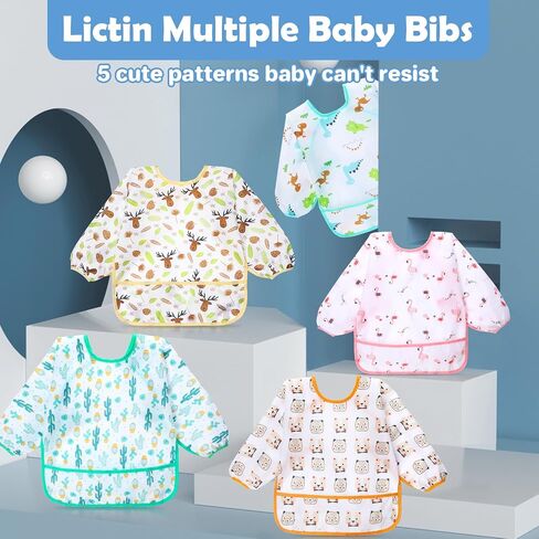 Lictin Long Sleeve Bibs 5 Pack - Baby Bibs for Girl or Boy, Reusable Infant for Feeding Teething or Weaning in Kuwait