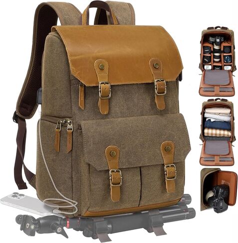 Padwa Lifestyle Black Gray Professional Camera Backpack - Retro Crazy Horse Art Cowhide Canvas Large Camera Bag with Multi Camera&16" Laptop Thick Compartment,Weather Resistant Photography Backpacks in Kuwait