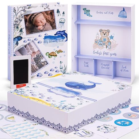 My Memory Book with Keepsake Box, Baby Milestone Stickers, Photo Corners & Footprint Kit, Under the Sea Design - Baby First Five Years in Kuwait