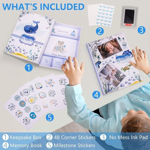 My Memory Book with Keepsake Box, Baby Milestone Stickers, Photo Corners & Footprint Kit, Under the Sea Design - Baby First Five Years in Kuwait