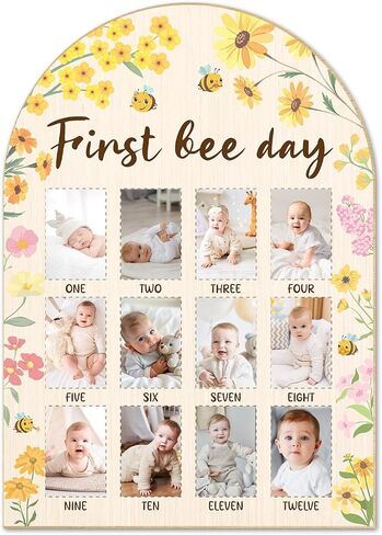 First Bee Day My First Year Photo Board Frame - Newborn 12 Months Milestone Wooden Photo Board, 1st Birthday Decorations, Bee Baby Keepsake Gift Supply (Fit 2x3in Pic) -12 in Kuwait